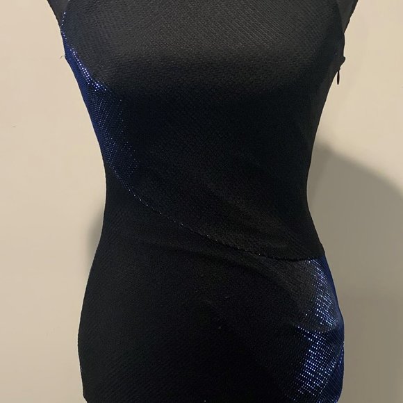 Jaslene ladies black & metallic blue spaghetti strap evening-gown - Picture 2 of 9